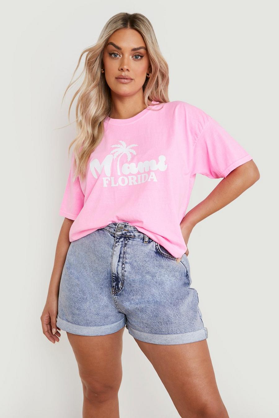 T-shirt Plus Size sovratinta in colori fluo con scritta Miami, Pink rosa