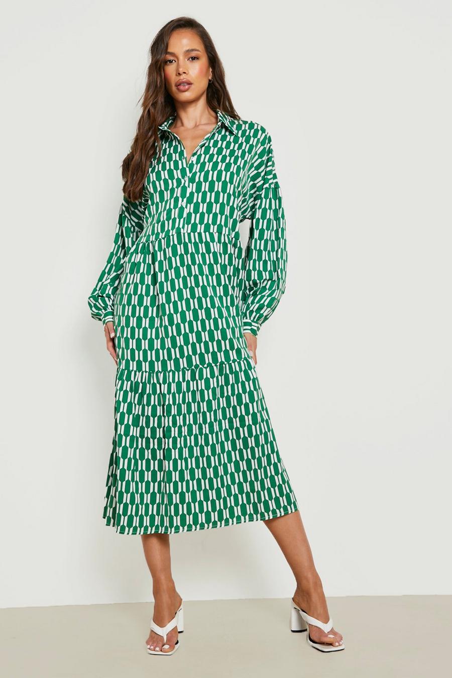 Green Oversized Tiered Maxi Shirt Dress Geo Print