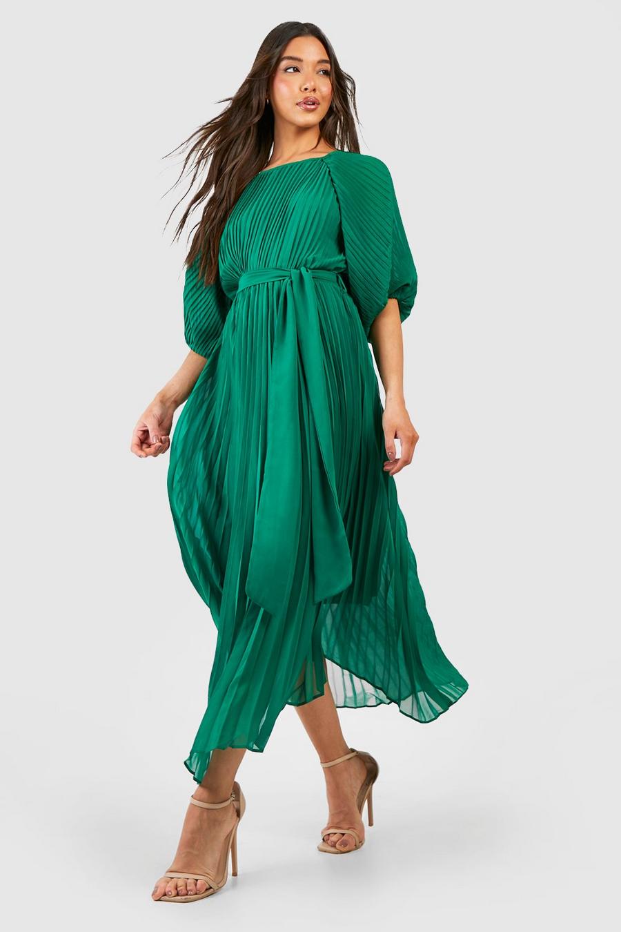 Emerald green Pleated Puff Sleeve Midi Dress