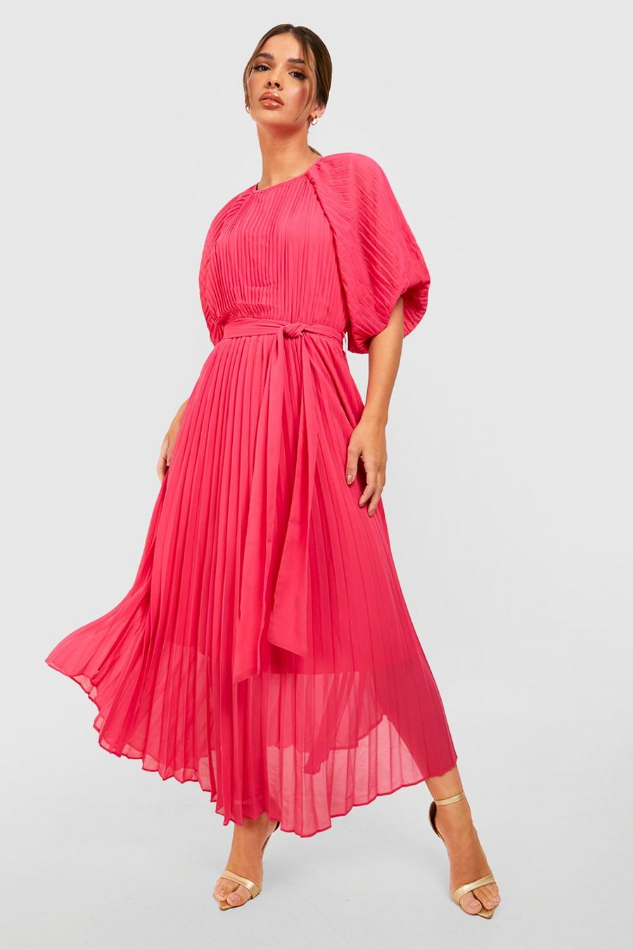 Hot pink Pleated Puff Sleeve Midi Dress