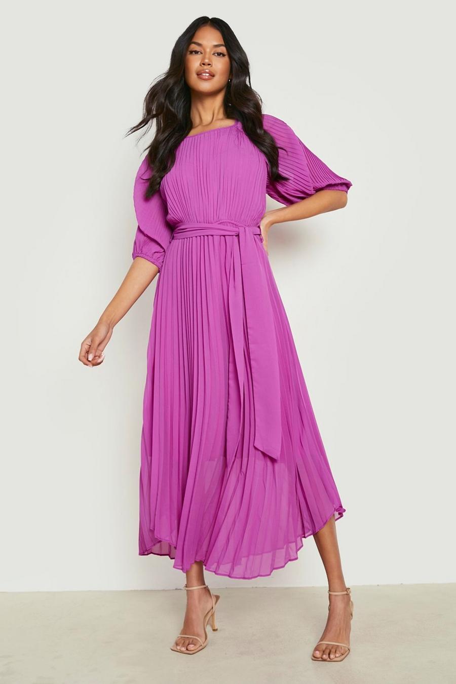 Jewel purple Pleated Puff Sleeve Midi Dress