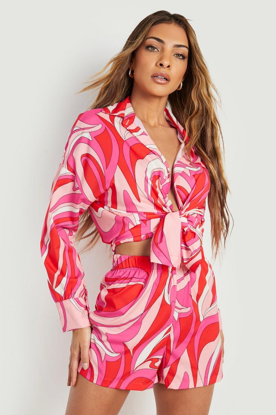 Bright pink Abstract Print Tie Front Shirt & Shorts image number 1