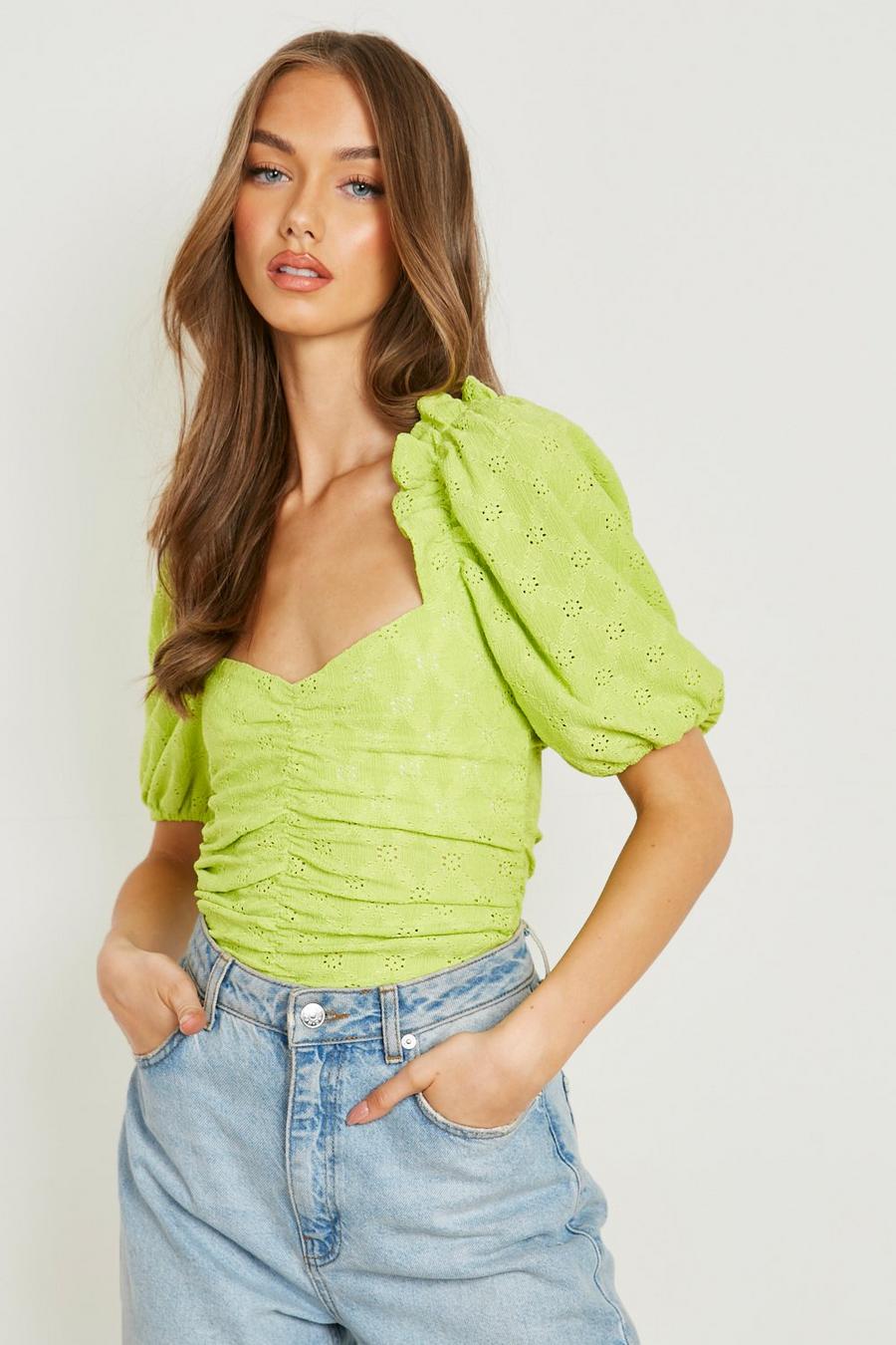 Lime Lace Puff Sleeve Ruched Bodysuit image number 1
