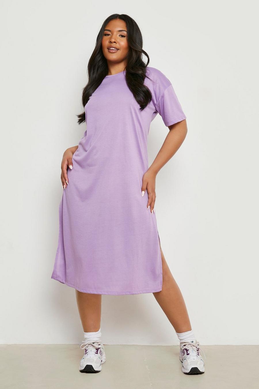 Plus Midi T-Shirt-Kleid mit Seitenschlitz, Lilac image number 1