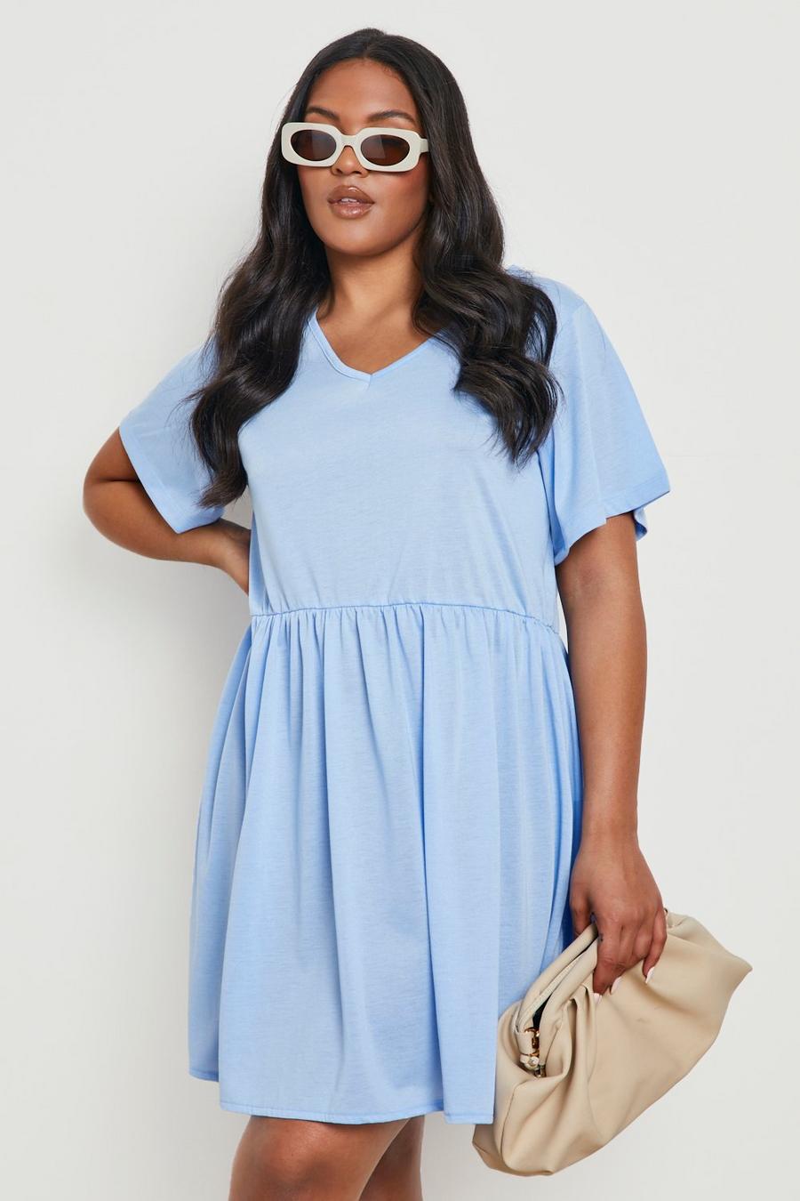 Plus Smok-Kleid mit V-Ausschnitt, Baby blue image number 1