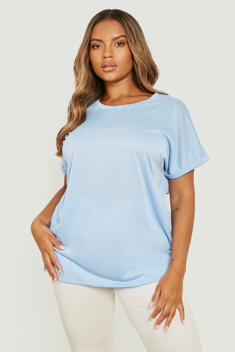Baby blue Plus Roll Sleeve T-shirt