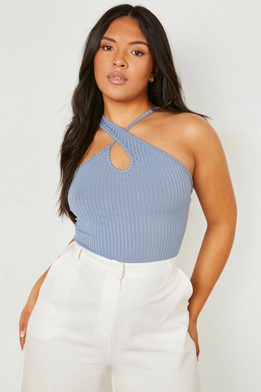 Blue Plus Rib Strappy Cut Out Bodysuit image number 1
