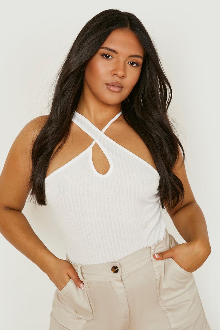Ivory Plus Rib Strappy Cut Out Bodysuit image number 1