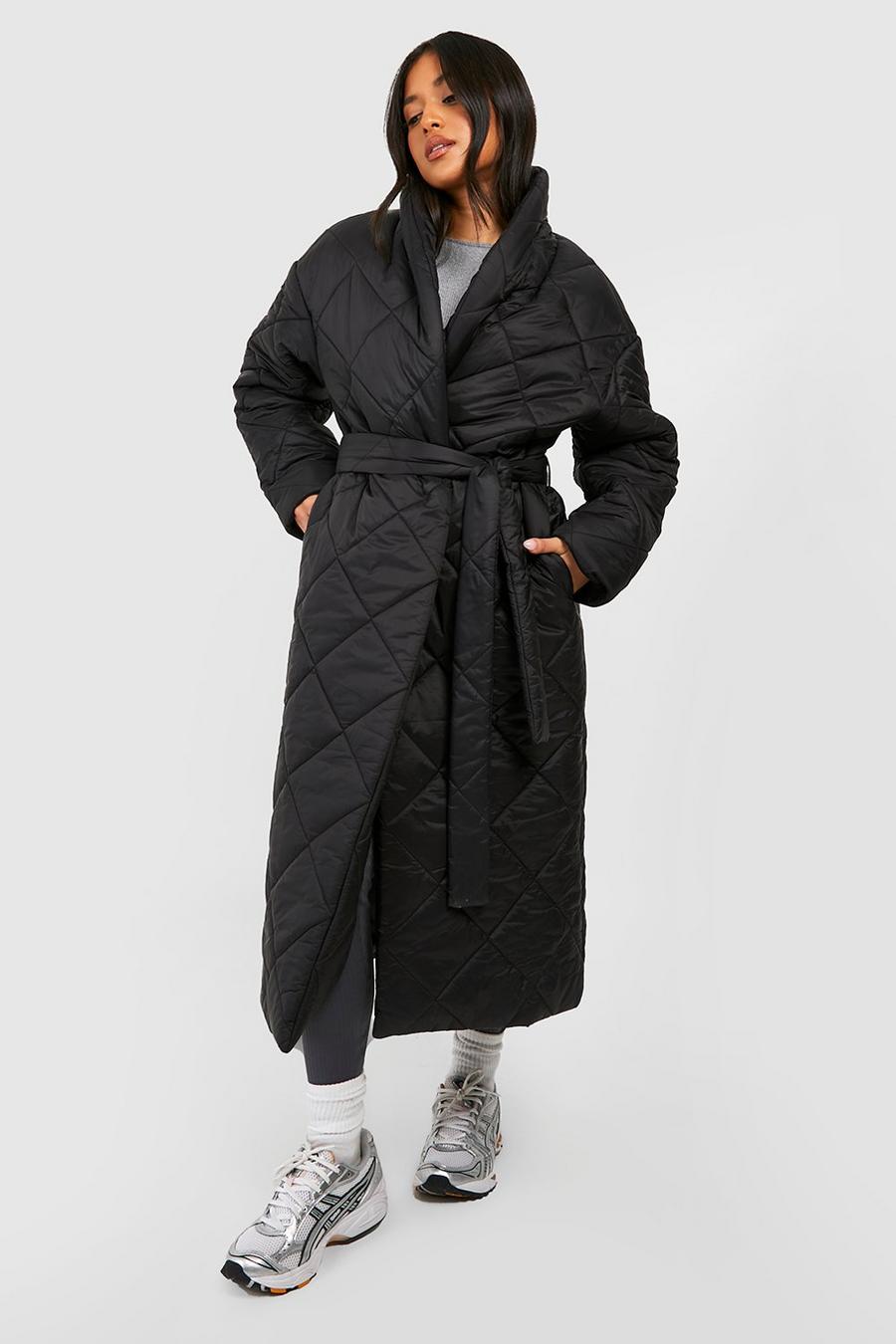 Black Petite Quilted Belted Maxi Puffer Jacket image number 1