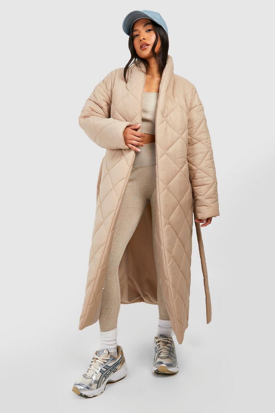 Stone beige Petite Quilted Belted Maxi Puffer Jacket