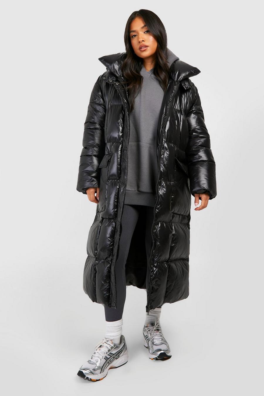 Black Petite Hooded Square Quilt Detail Maxi Puffer