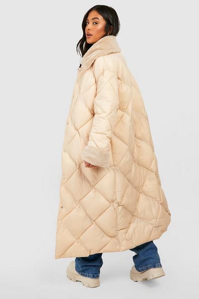 boohoo stone Petite Faux Fur Collar And Cuff Quilt Puffer