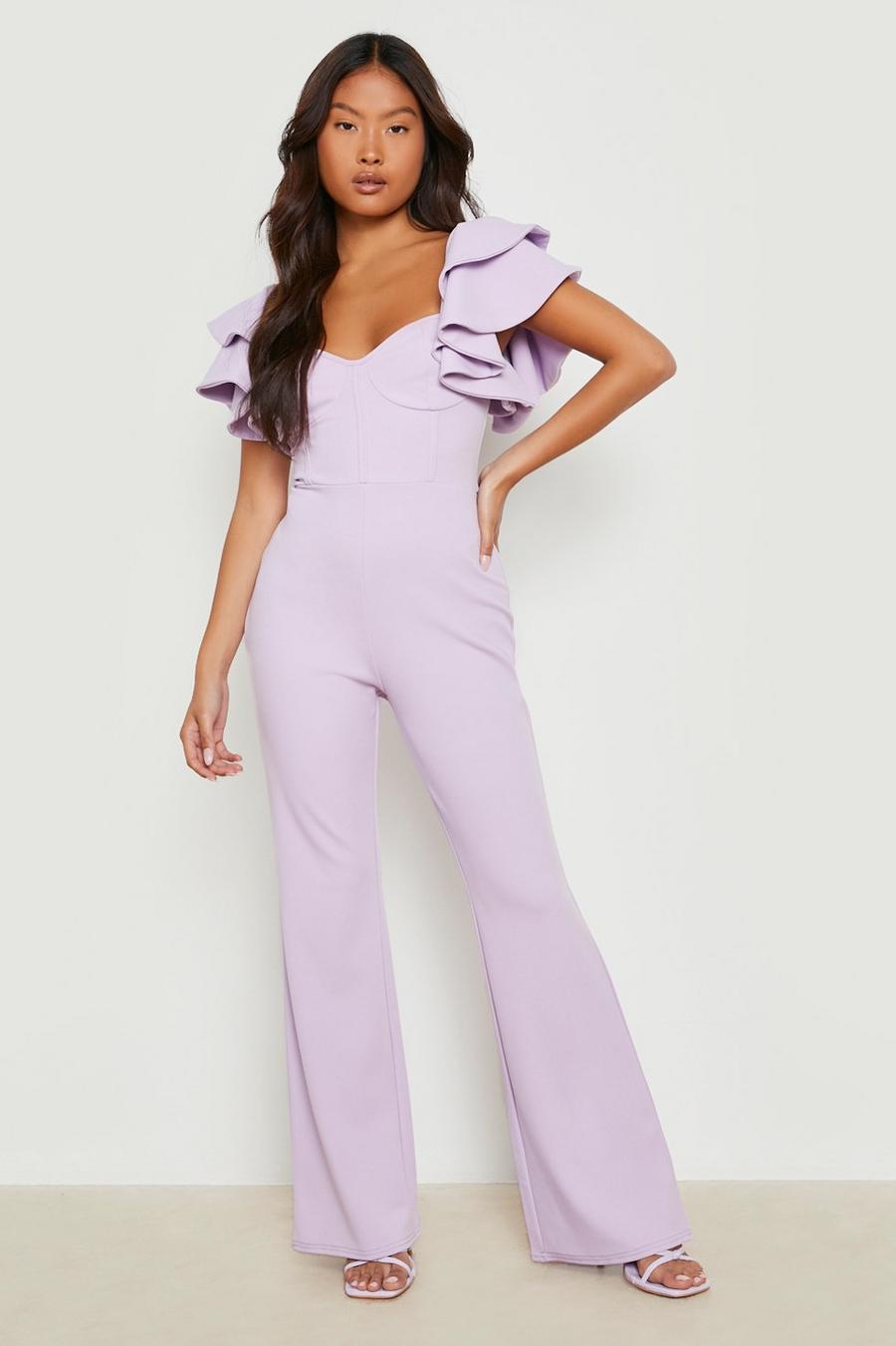 Lilac purple Petite Corset Puff Sleeve Tie Back Jumpsuit