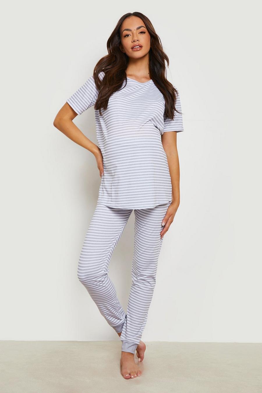 Grey marl Maternity Striped Jogger Pyjamas image number 1