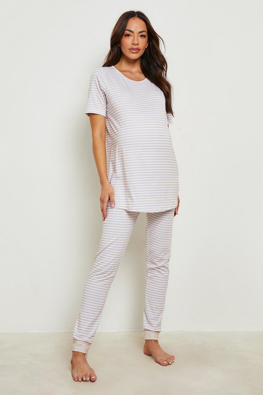 Oatmeal beige Maternity Striped Jogger Pyjamas