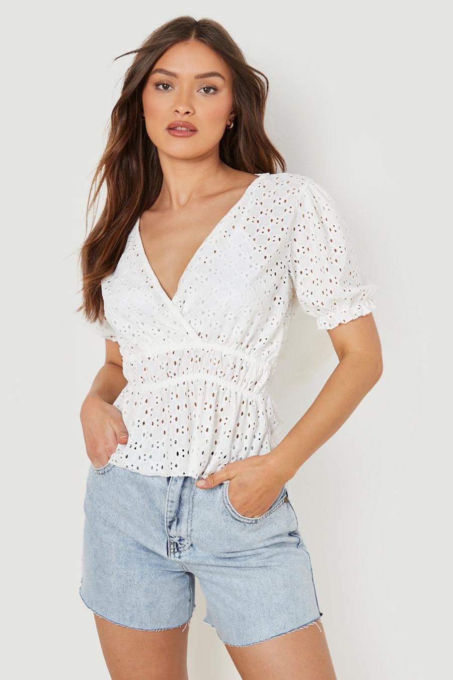 White Jersey Knit Eyelet Anglais Wrap Frill Top image number 1