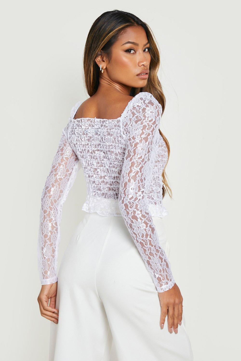 White Lace Square Neck Long Sleeve Top