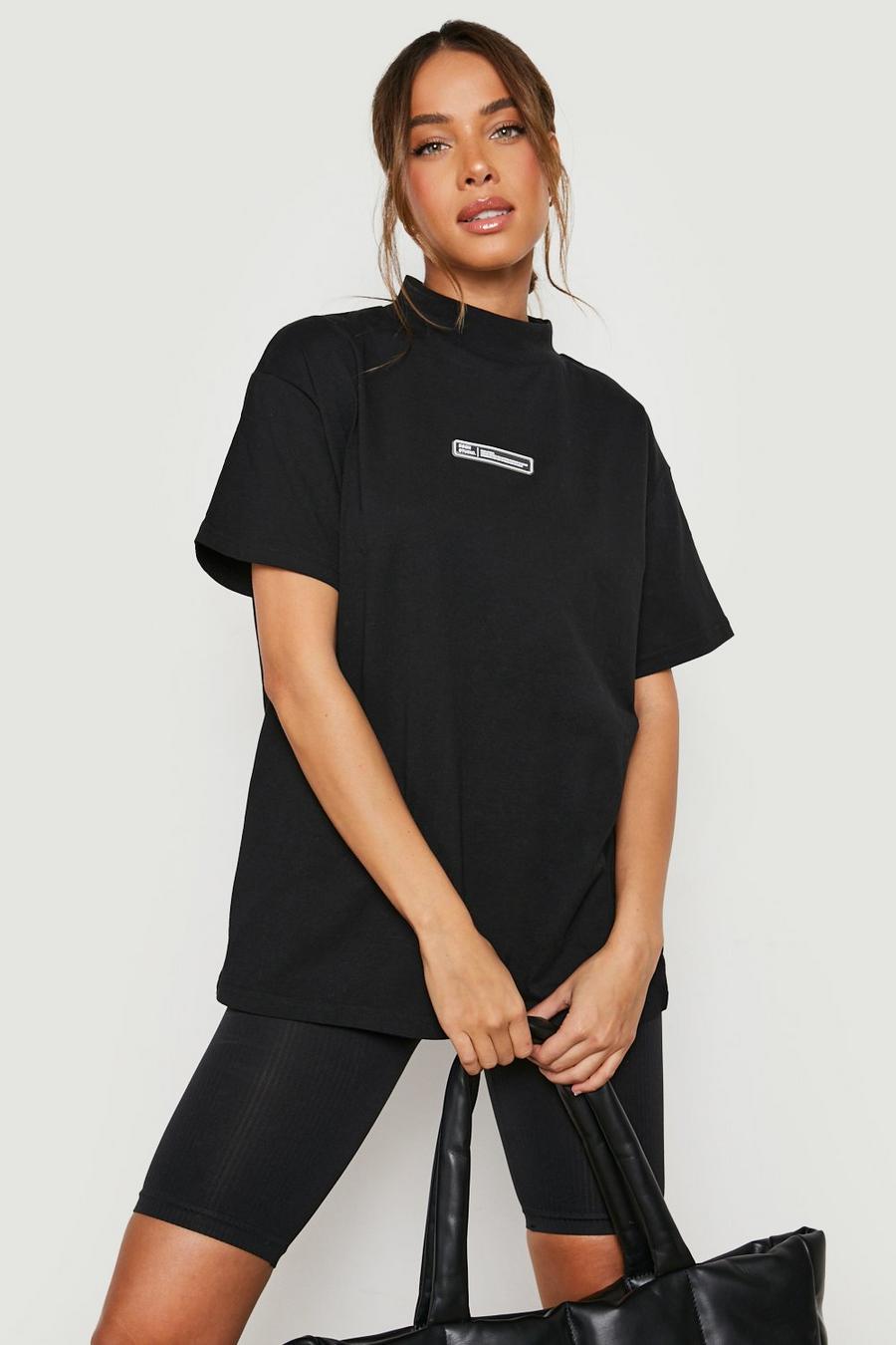 Women's Black Rubber Tab Extended Neck Oversized Tshirt | Boohoo UK