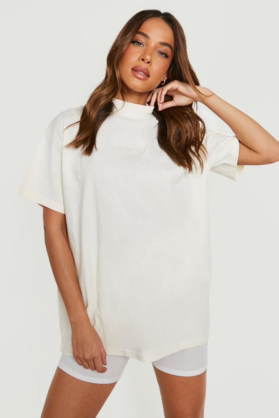 Ecru Rubber Tab Extended Neck Oversized Tshirt image number 1