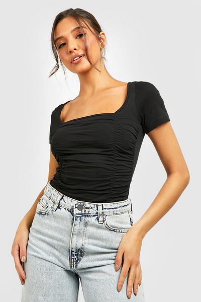 boohoo black Ruched Front Jersey Bodysuit