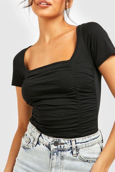 boohoo black Ruched Front Jersey Bodysuit