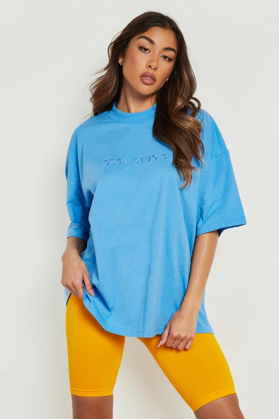 Blue Extended Neck Oversized Embroidered Tshirt image number 1