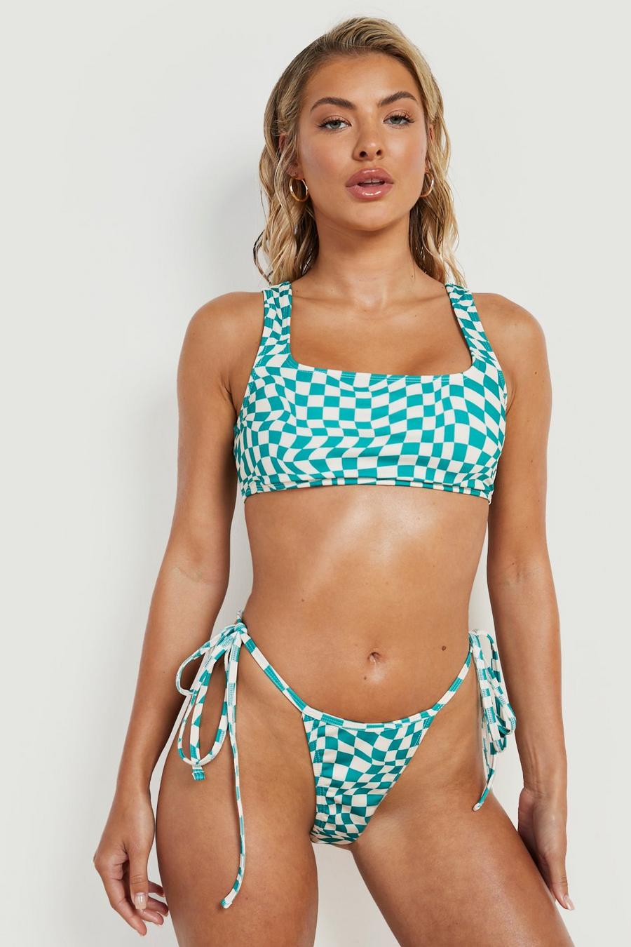 Green Checkerboard Scoop Bikini Top