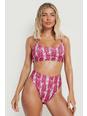 Neon-pink Neon Slangenprint Long Line Bikini Top Met Lage Ronde Hals