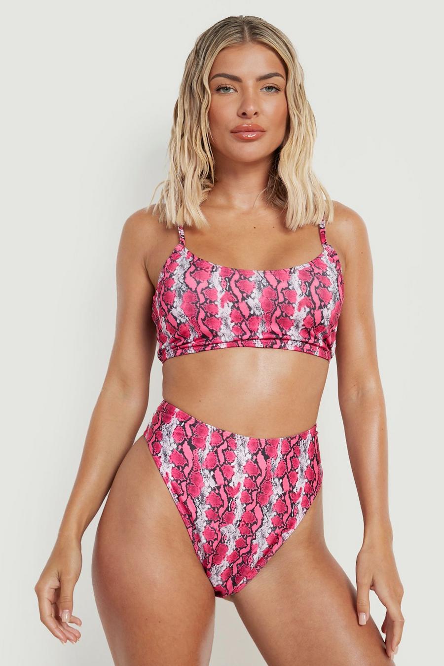 Neon-pink Lång bikiniöverdel med ormskinnsmönster image number 1
