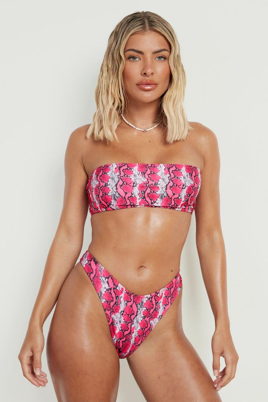 Neon-pink Ormskinnsmönstrad bikiniöverdel i bandeaustil image number 1