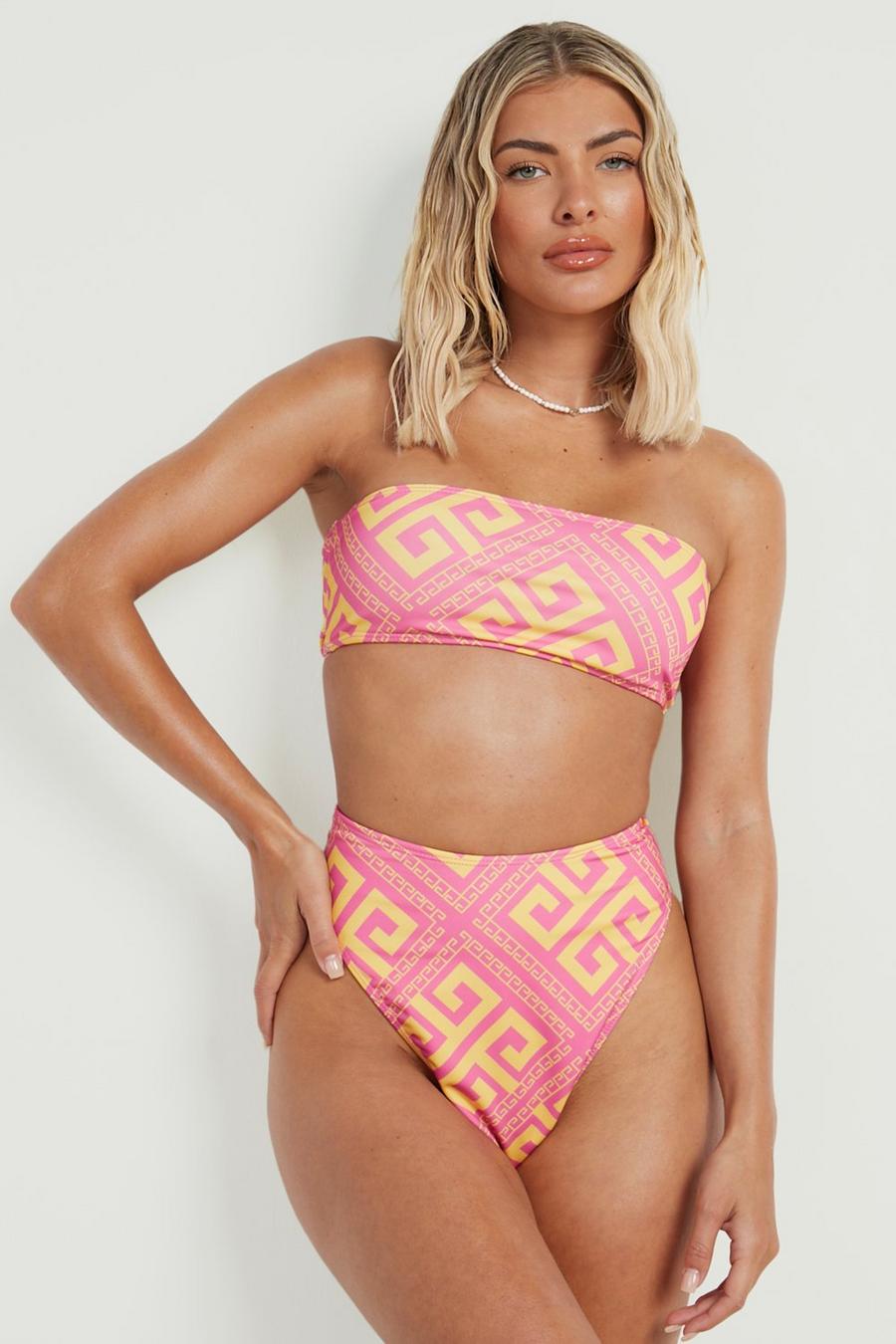 Slip bikini a vita alta stampa con motivi geometrici, Pink rosa image number 1