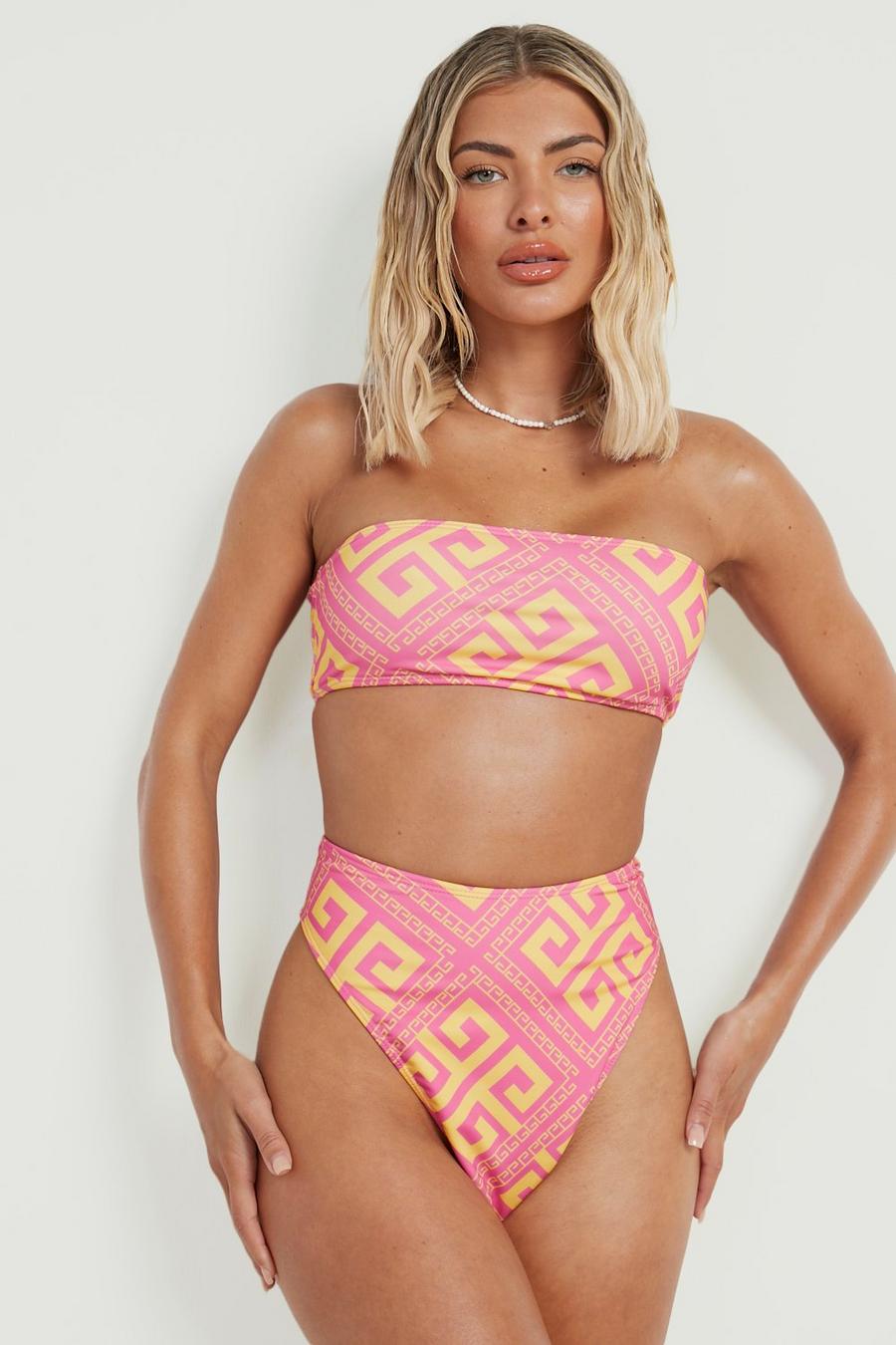 Pink Geo Print Bandeau Bikini Top