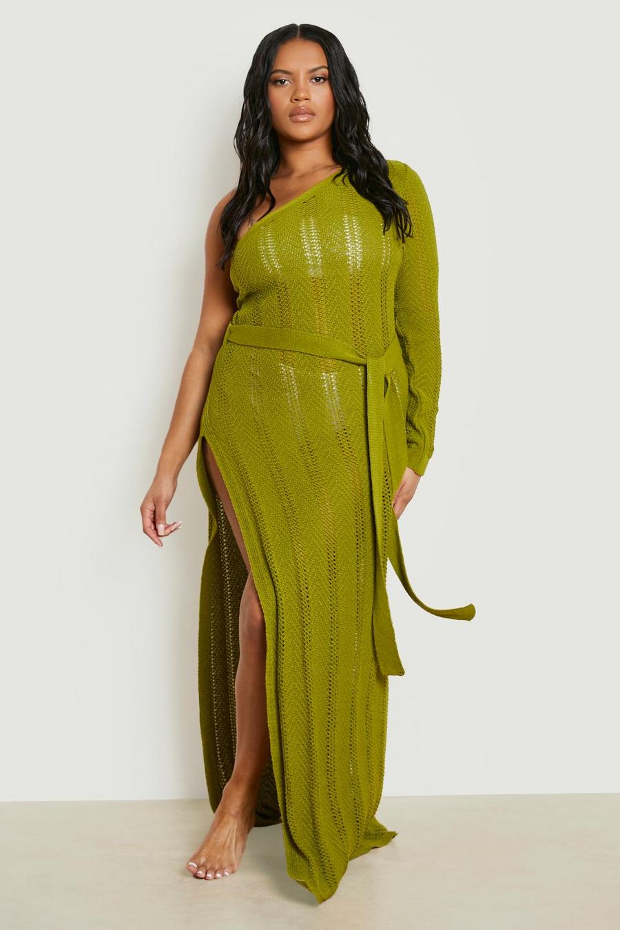 Green Plus One Shoulder Crochet Beach Dress image number 1