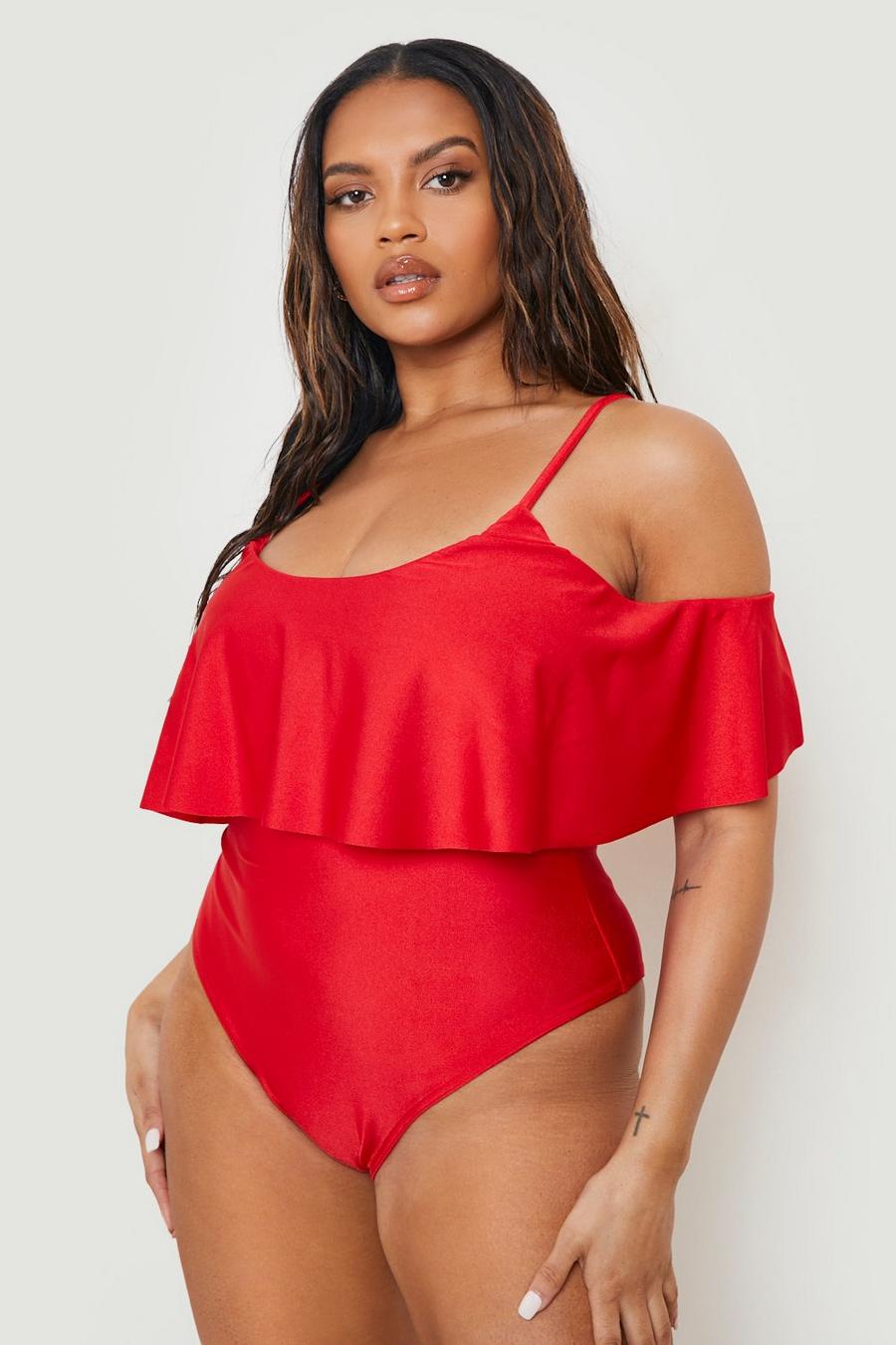 Plus Bardot Frill Swimsuit | boohoo Plus Bardot Frill Swimsuit | boohoo