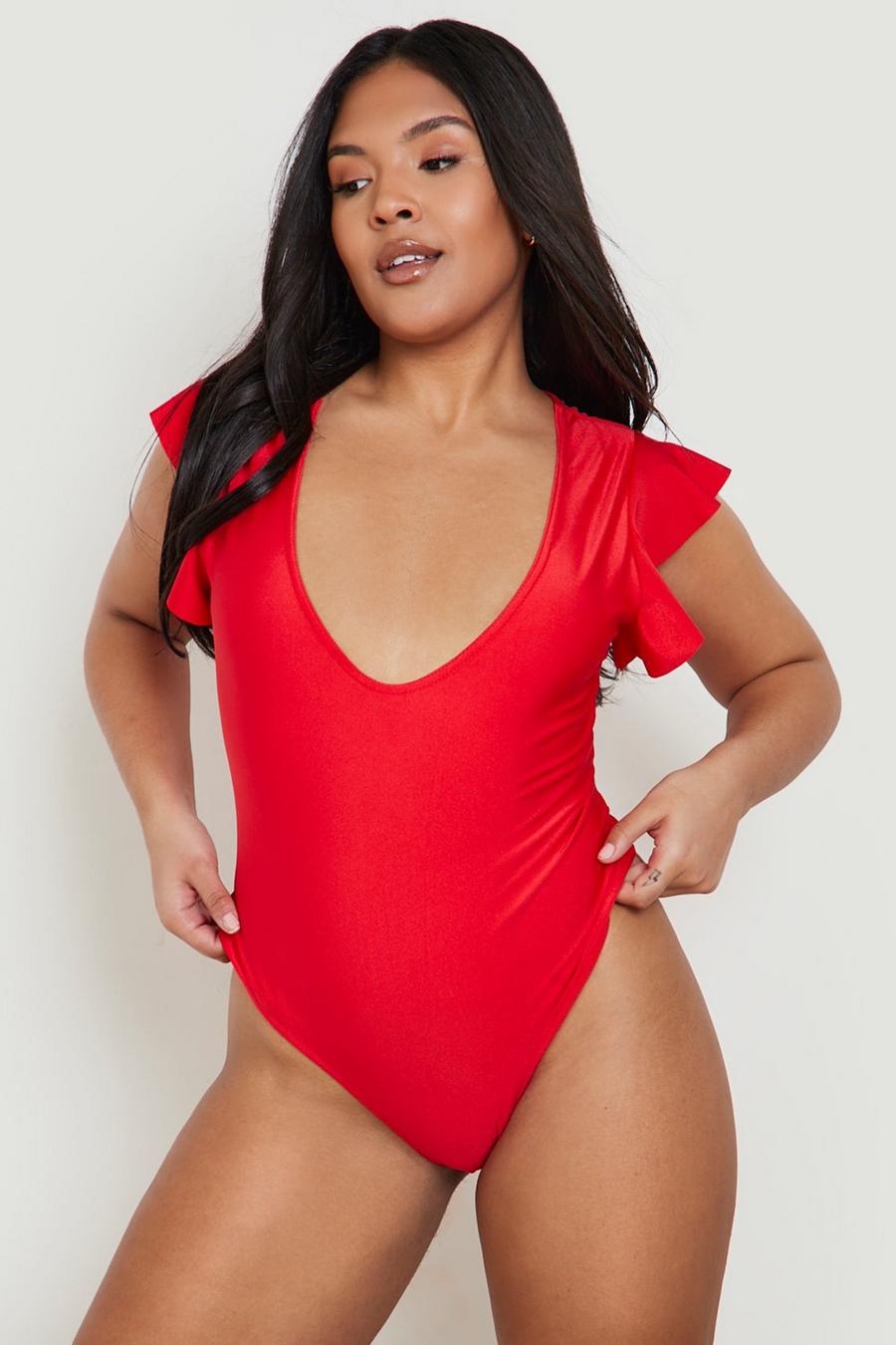 Red Plus Angel Sleeve Swimsuit image number 1