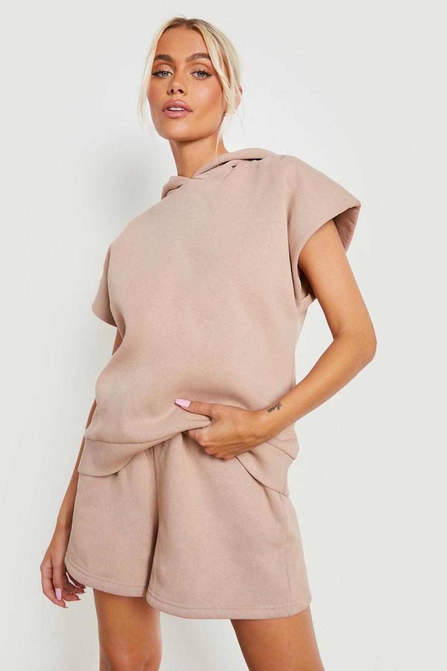 Taupe Sleeveless Hoodie And Short Tracksuit image number 1