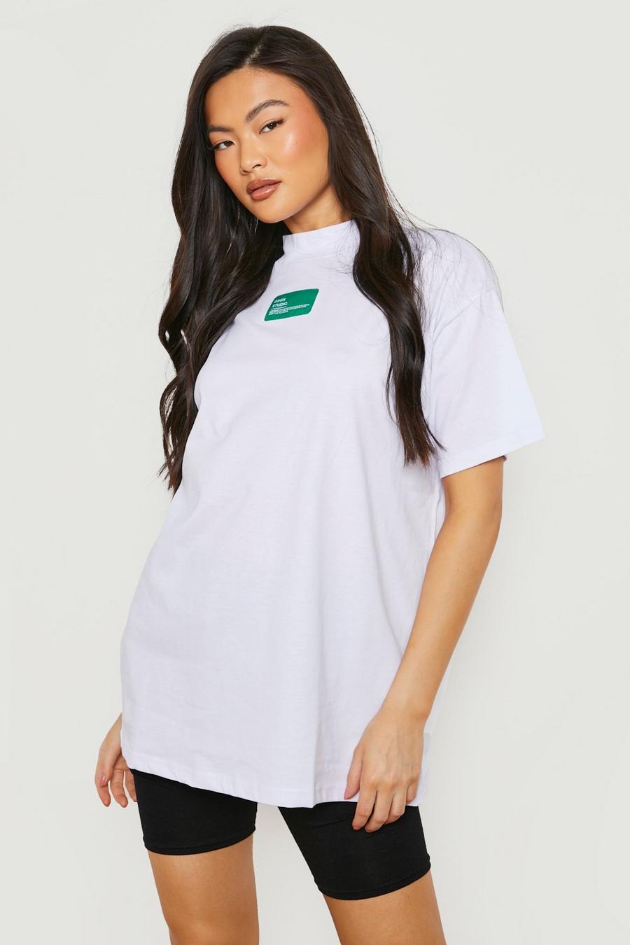 White Woven Label Extended Neck Oversized Tshirt