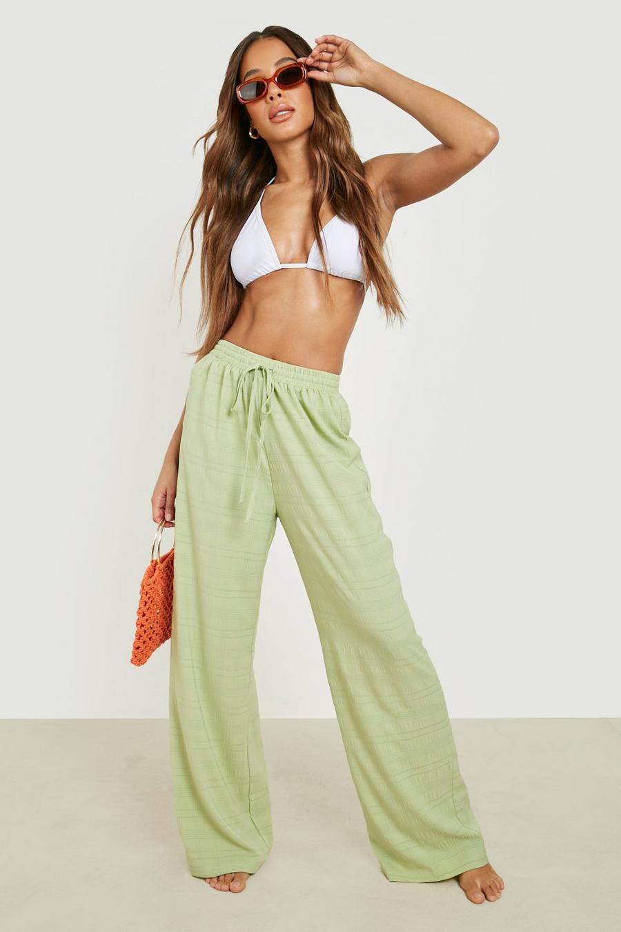 Washed lime Crinkle Shirred Wide Leg Beach Pants image number 1