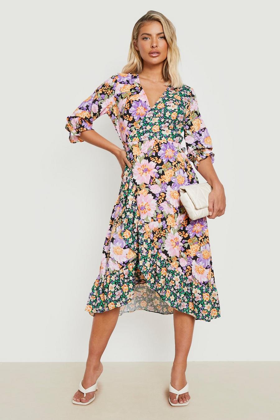 Black Ruffle Mixed Floral Wrap Midi Dress image number 1