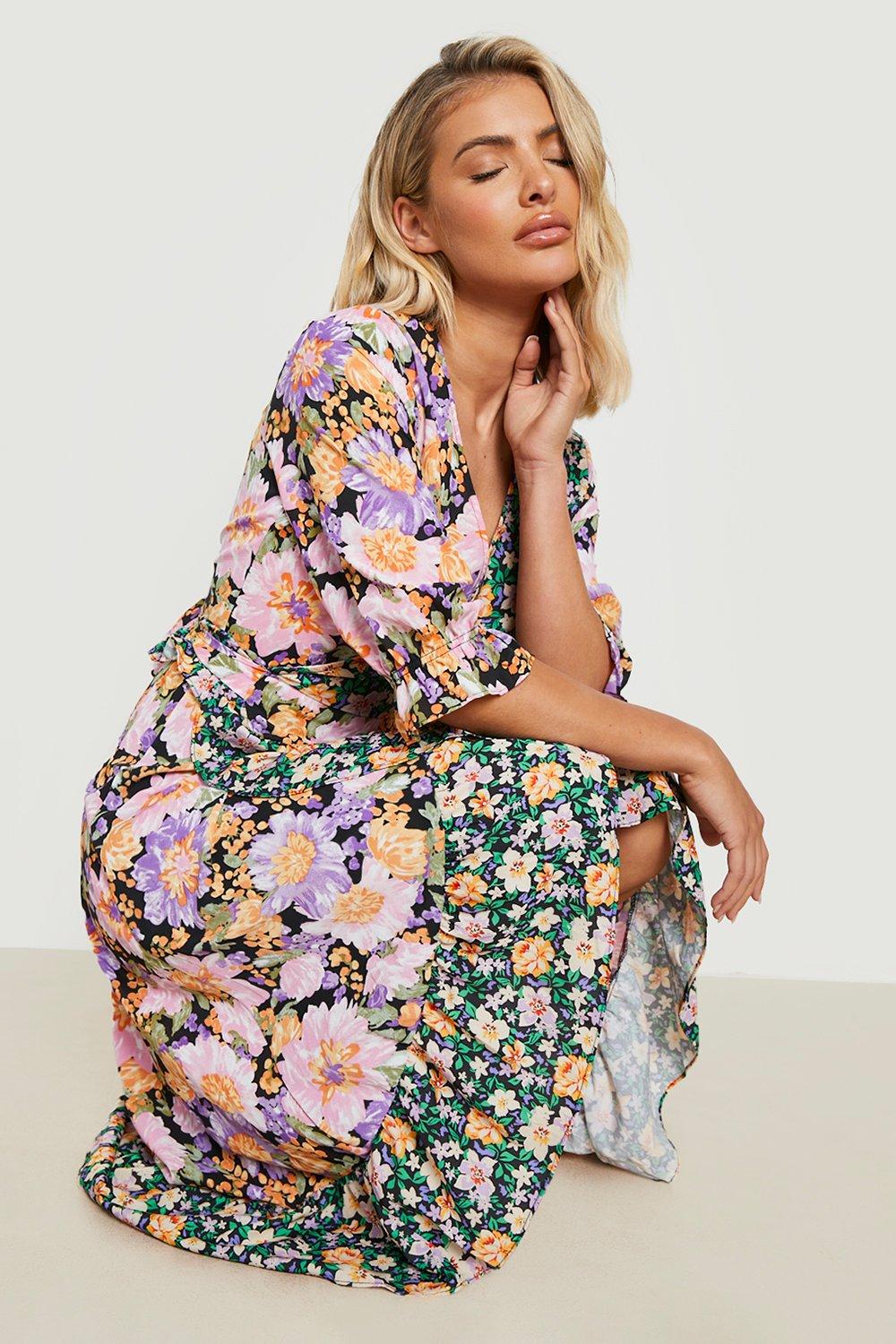 Boohoo ruffle wrap midi dress in floral sale