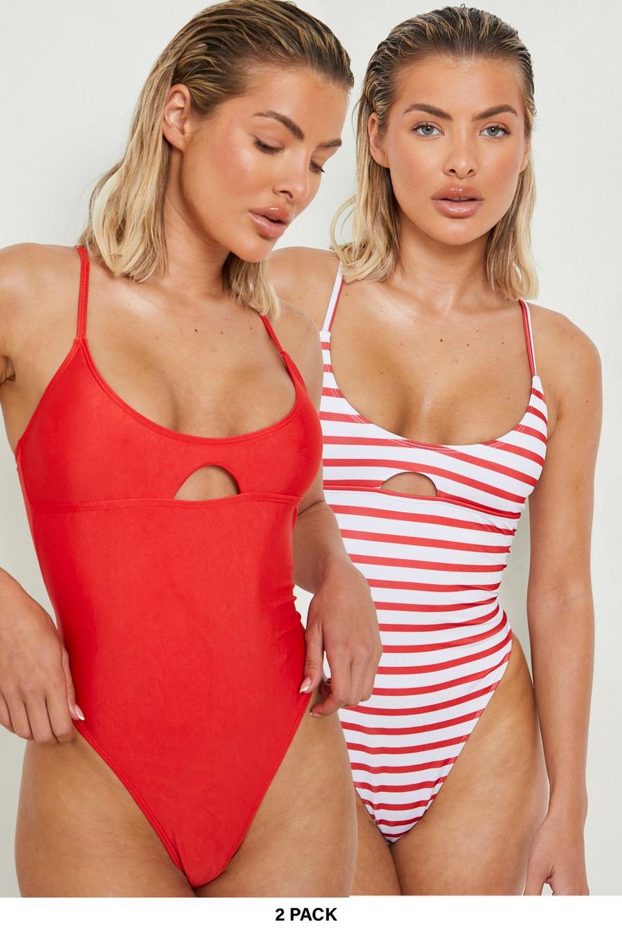 Red 2 Pack Nautical Keyhole Plunge Swimsuit image number 1