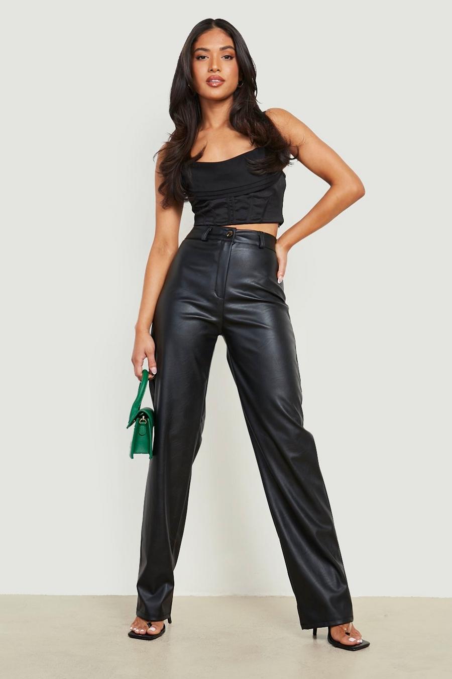 Black Petite Wide Leg Leather Look Trousers image number 1