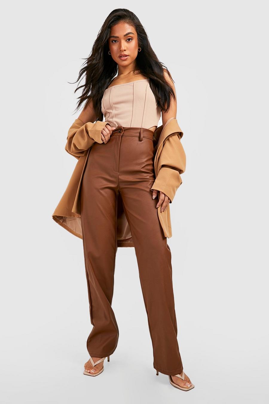 Chocolate brown Petite Wide Leg Leather Look Trousers