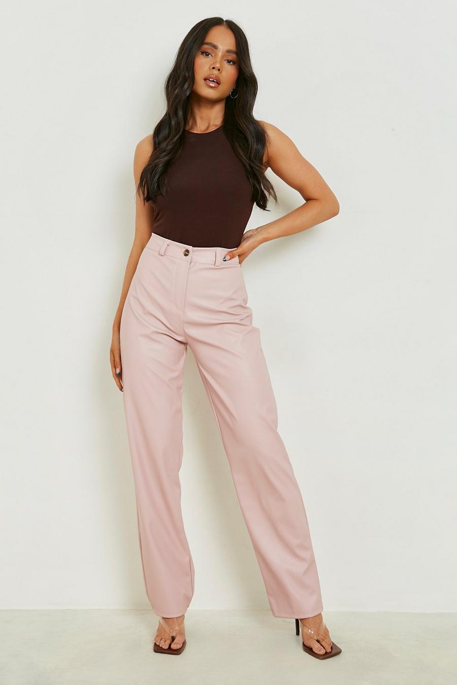 Dusky pink rose Petite Wide Leg Leather Look Trousers