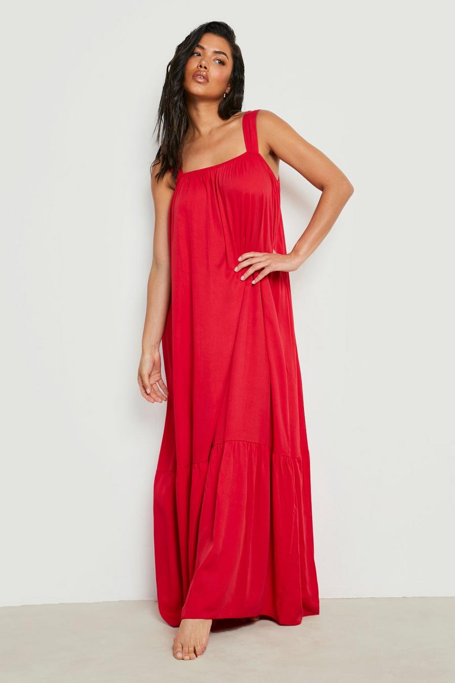 Red Cotton Poplin Square Neck Maxi Beach Dress image number 1