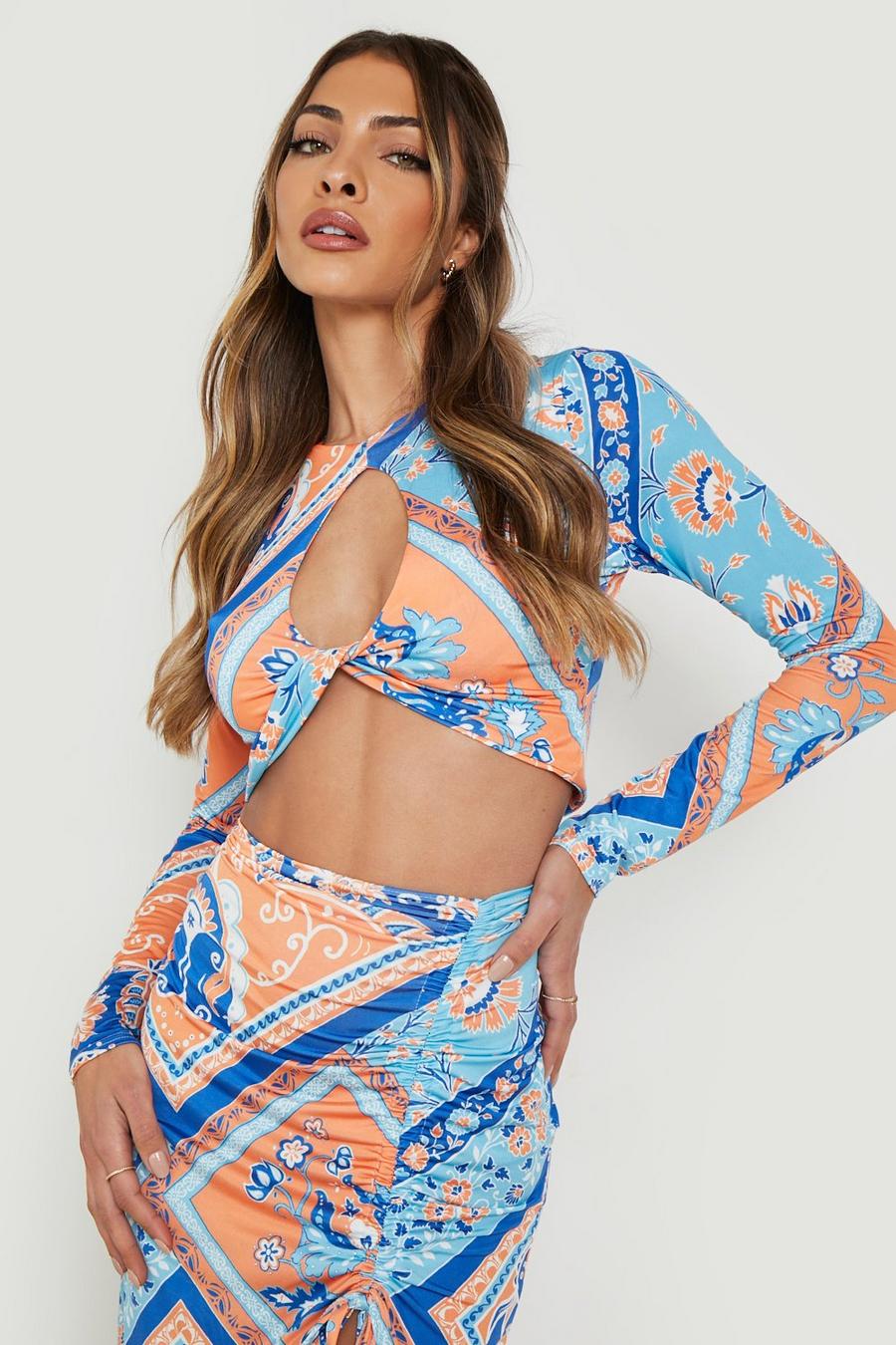 Blue Paisley Slinky Long Sleeve Cut Out Crop Top image number 1