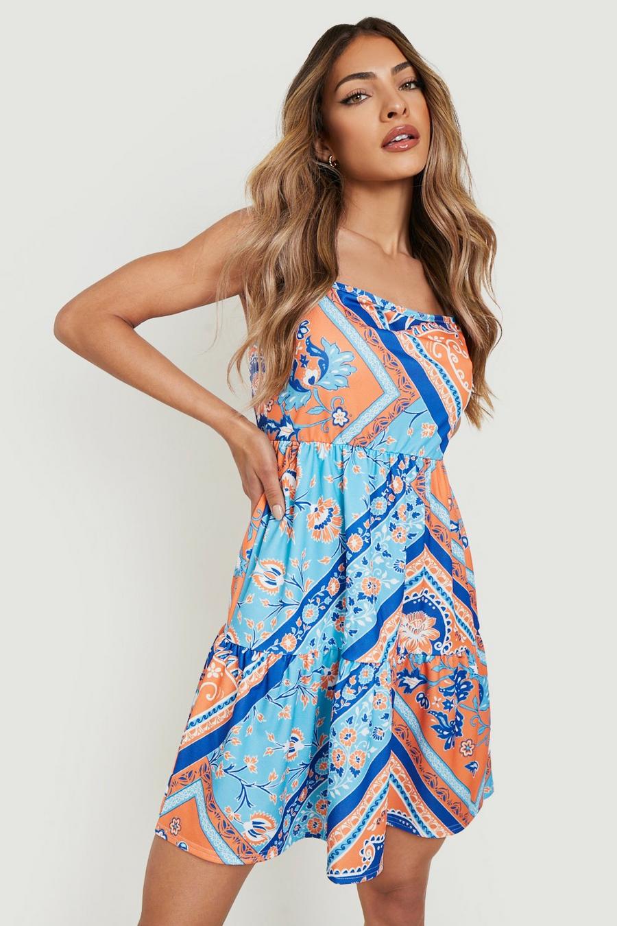 Blue Paisley Strappy Square Neck Smock Dress image number 1