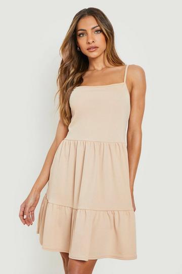 Stone Beige Strappy Square Neck Smock Dress