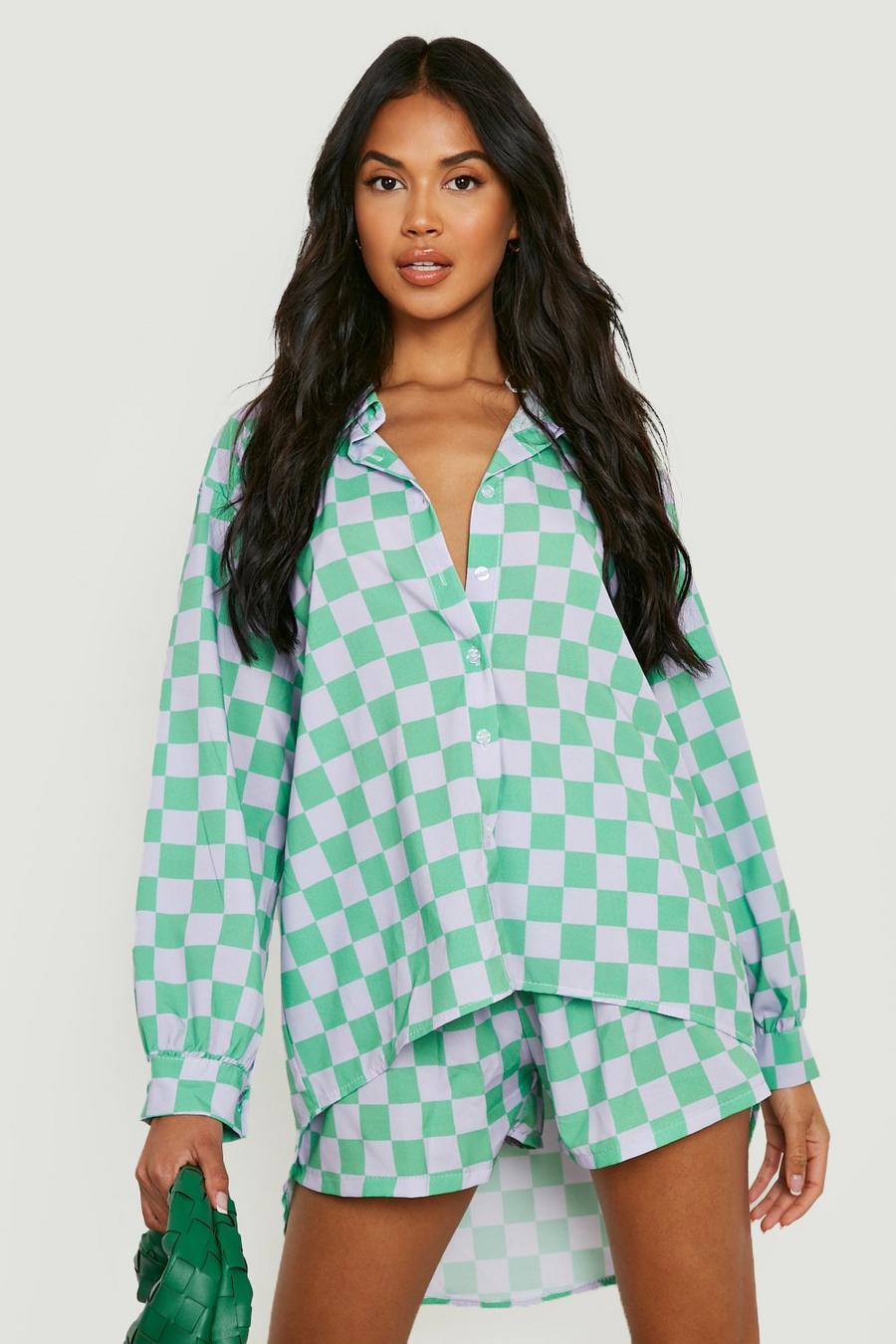 Bright green Relaxed Fit Gingham Shirt & Shorts Set 