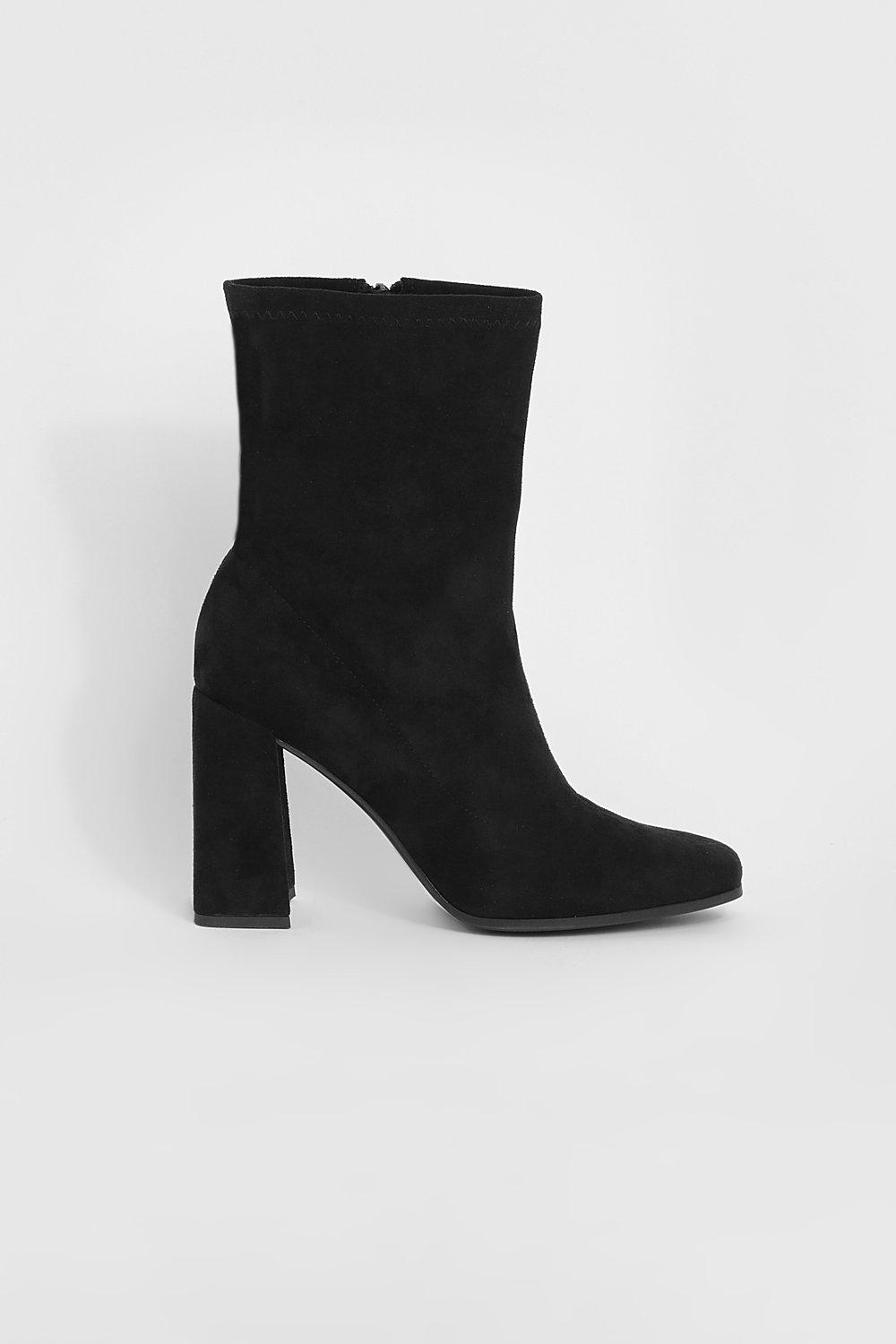 black suede block heel sock boots